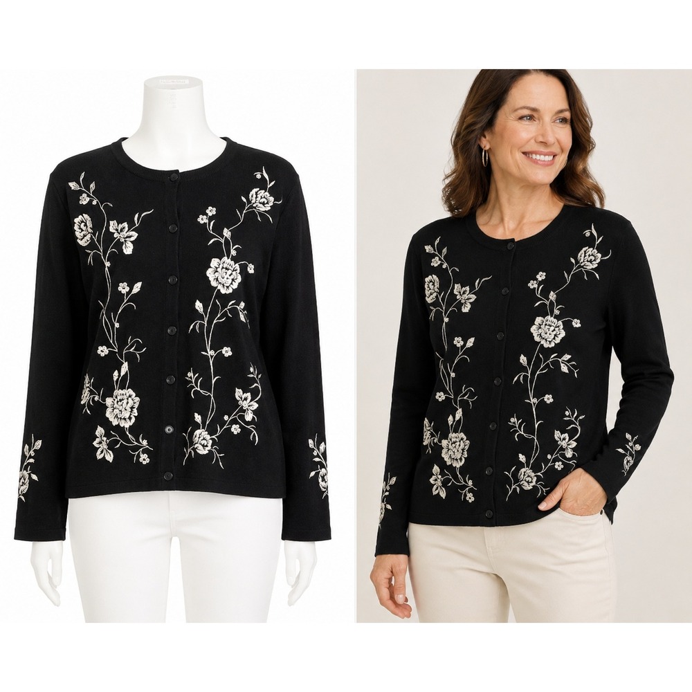 Vintage 90s Dressbarn  Cardigan Sweater Women M Black Floral Embroidered Cottage